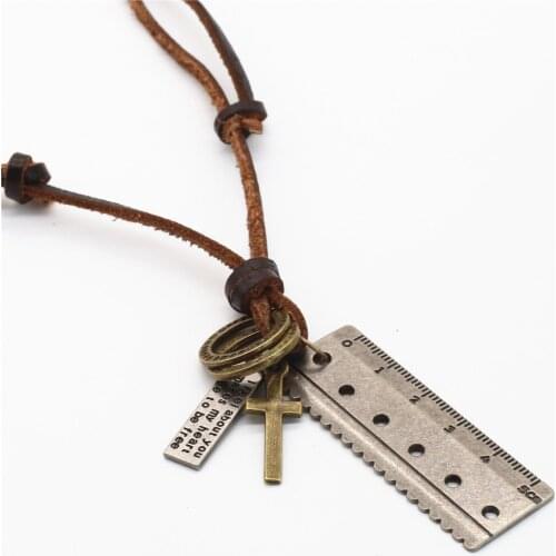 Handmade Punk Cowhide Genuine Leather Long Rope Chain Hoops Cross Scale Ruler Pendant Men Necklace Women Homme Male Jewelry