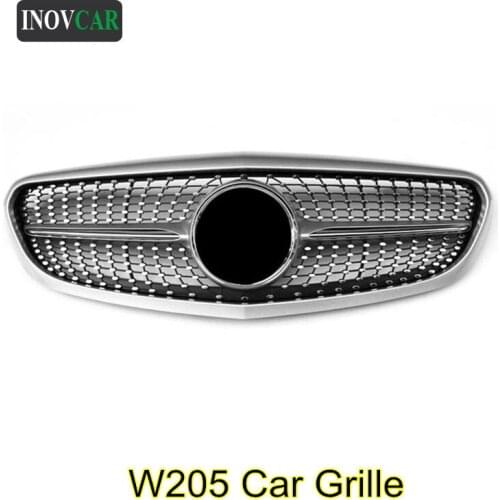 Front Diamond Style Grille Grill For B-ENZ C Class W205 C160 C180 C200 2015-2018 Silver Front Upper Grille Car Accessories