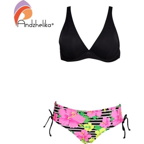 Andzhelika Sexy Bikini Set Women Solid Top Print Bottom Swimsuit Push Up Brazilian Bikinis 2021 Plus Size Two piece Bathing Suit