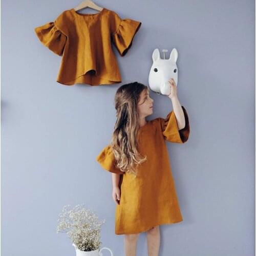 New cotton and linen girl princess dress solid color flare sleeves children comfortable dress WT61