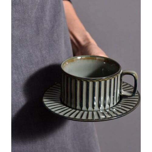 Retro Ceramic Coffee Cup and Saucer Set Creative Souvenir Cup with Tray Afternoon Tea Latte Cup Kitchen Stripe Coffee Cup
