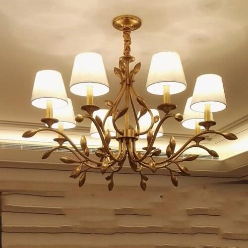 Luxury American Copper Flower E14 Led Chandelier Fabric Shades Gold Pendant Chandelier Lighting Living Room Hanging Lamp Fixture