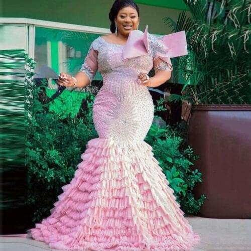 Luxury Lace Beading Half Sleeve Mermaid Prom Dresses Tiered Skirt Elegant Nigerian Evening Dress Formal Gowns Aso Ebi Plus Size