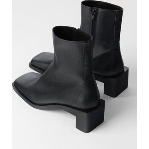 Foreign trade womens shoes square head small thick heel thin boots net red stone pattern zipper barefoot boots