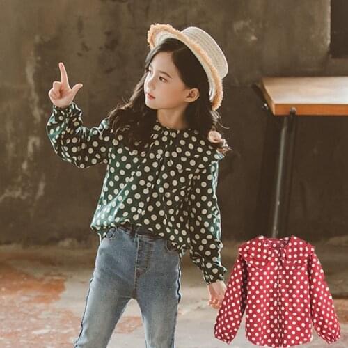 School Little Girl Blouse Big Girls Long Sleeve Tops Shirts Kids Clothes Polka Dot Red Green Teen Spring 2019 Kids Clothes