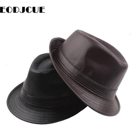 Black Leather British Vintage Style Jazz Caps Hats Fashion Fedoras Trilby Hat Solid Panama Formal Cap For Men Women Unisex