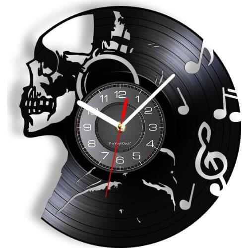 Skeleton Music Never Dies Vinyl Record Wall Clock Skull Headphone Home Decor Hanging Watch Death Danger Headset Pop Art Crafts