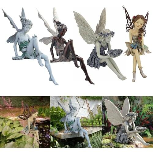 Flower Fairy Sculpture Garden Landscaping Yard Art Ornament Resin Turek Sitting Statue Outdoor Angel Girl Figurines Craft
