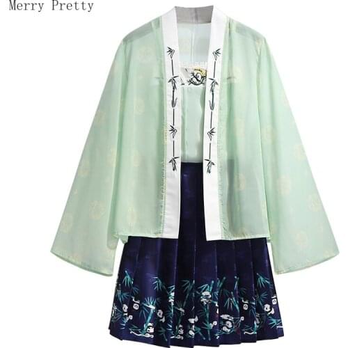 Japan Style Women Dress Sets Embroidery Kimono Hight Waist Mini Pleated Skirts And Sleeveless Camisole 2021 Summer 3 Piece Set