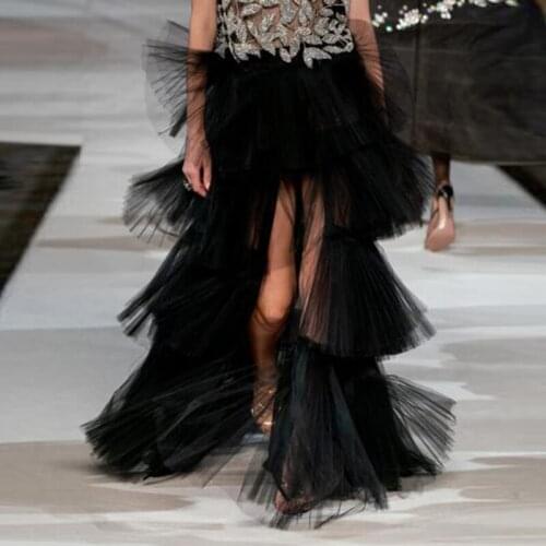 New Fashion High Low Skirt Elegant Black Chic Tiered Tulle Skirts Women Long Prom Skirt Elastic Waist Tutu Skirt Custom Made