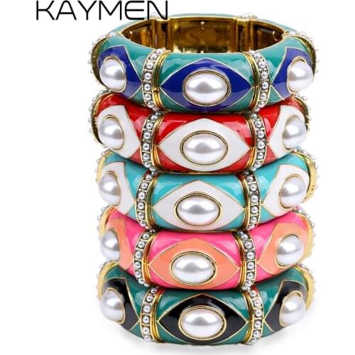 New Arrivals Bohemian Colorful Enamel Elastic Bracelet Statement Bangle for Girls Women Party Jewelry Fashion Pearl Bracelet