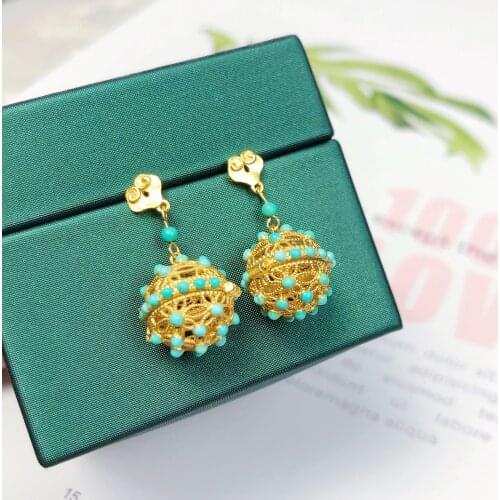 UBESTNICE S925 Gold Filled Natural Turquoise Opened Hollow Flower Birdcage Ball Drop Earrings Vintage For Women Fine Jewelry