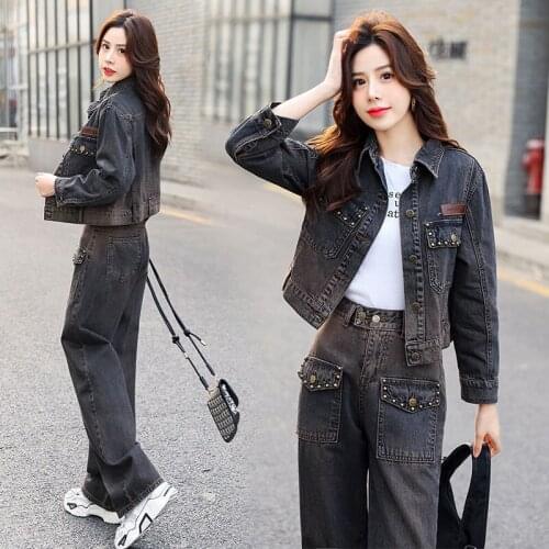 Women 2021 Spring Autumn Denim Suit Fashion Outfit Fashion Female Short Denim Jacket & Wide Leg Jeans Pants Two-Piece Set B228