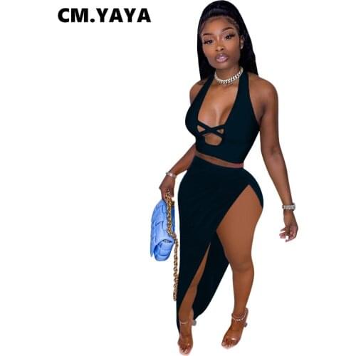 CM.YAYA Women Set Solid Sleeveless Halter Cut Out Crop Tops Asymmetrical Splited Long Skirts Two 2 Piece Sets Sexy Outfit Summer