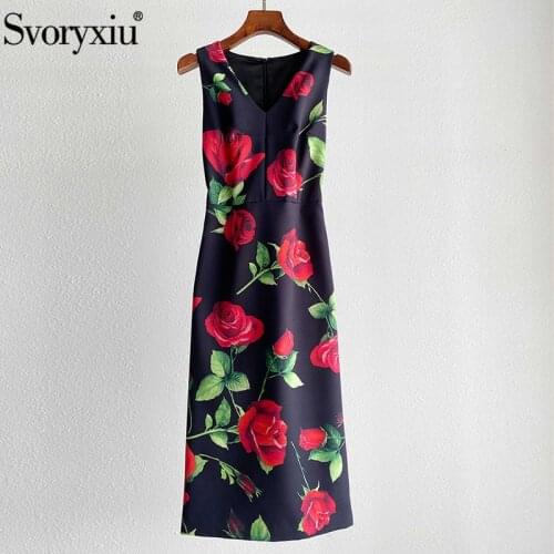 Svoryxiu Runway Vintage Summer Party Midi Dress Womens Fashion V-Neck Rose Flower Print Black Sleeveless Package Buttocks Dress