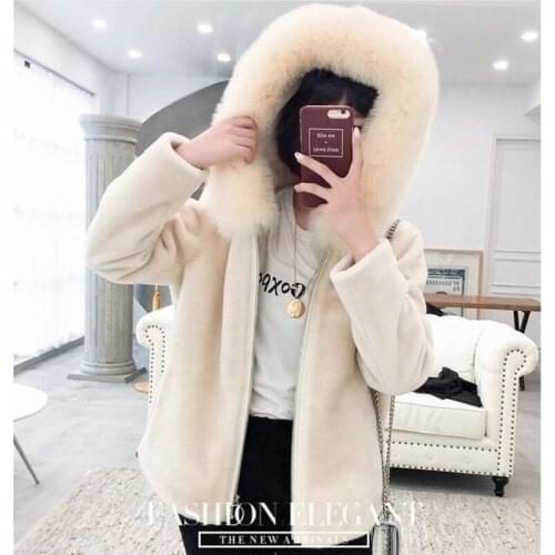 Winter Womens Coat Korean Fashion Casual Ladies Clothes Hooded Real Fox Fur Collar Zipper Ladies Coat Lambswool Coat X368