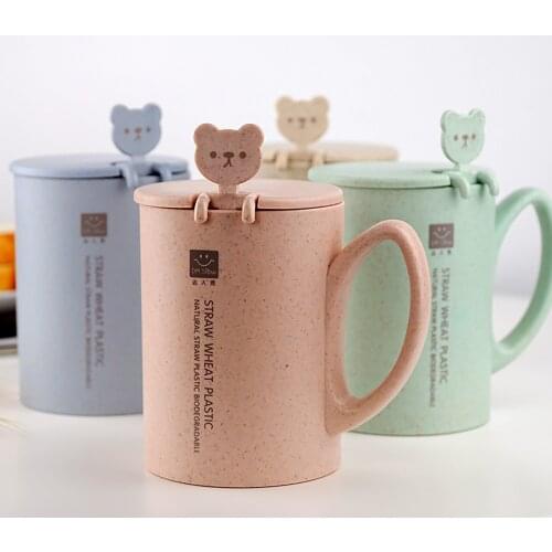 1pc Mug Bottle Cartoon Cute Coffee Rubber Wood Tea Milk Cup Cereal Breakfast Water Drinkware Drinking Cup Teacup With Lid Spoon