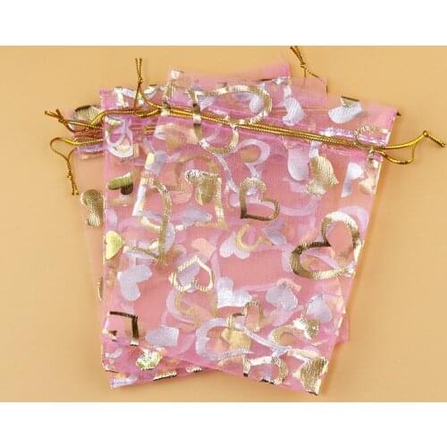 15x20cm (5.9"x7.87") 100pcs Pink Heart Brozning Organza Jewelry Gift Bag Cheap Organza Pouches Gift Bag Factory Candy Bags Party