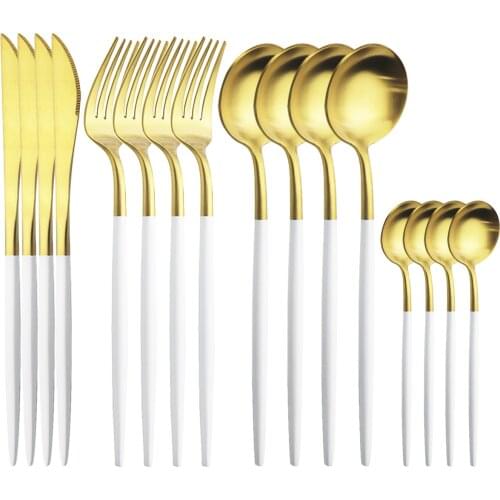 16Pcs White Gold Cutlery Set 18/10 Stainless Steel Dinnerware Set Knives Fork Spoon Tableware Set Western Kitchen Silverware Set