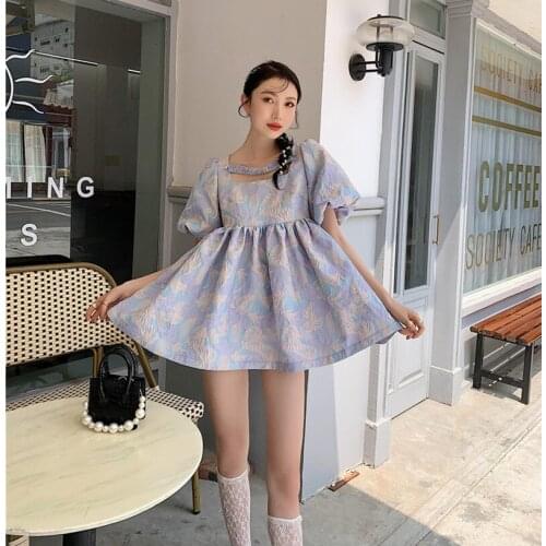 2021 Korean Summer Puff Sleeve Princess Dress Women Fashion Design Square Collar Short Sleeve Mini Party Dress