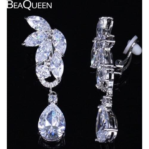 BeaQueen Stunning Cubic Zirconia Water Drop Stone No Hole Clip On Earrings Long Women Wedding Non Pierced Ear Jewelry E185