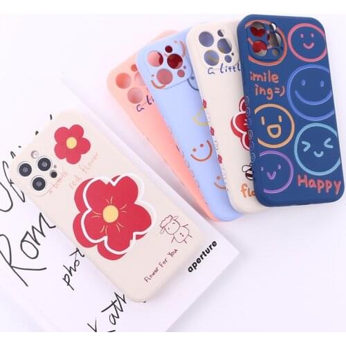 Liquid Flowers Side Print iPhone Case for iPhone 11 12 Pro Max Mini X XR XS Max 7 8 Plus SE 2020 Smile Face Silicone Case Cover