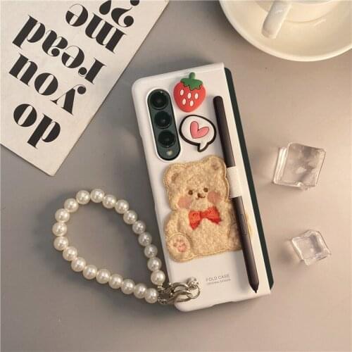 For Samsung Galaxy ZFold3 Case with Pen Slot Cute Bear 3D Flip Cases for Samsung Galaxy ZFOLD3 Cartoon Flip Cover Conque