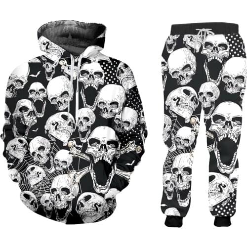 IFPD Mens Set Skull 3D Pants And Hoodie Hip Hop Full Printed Novelty Sweatshirt Jogger Pants Tracksuits Streetwear Sportswear