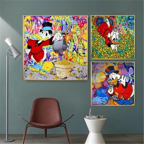 Disney Banksy Graffiti Art Donald Duck Canvas Painting Rich Duck Character Poster Print Wall Art Picture for Room Decor Cuadros