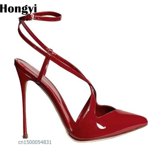 Hongyi Summer Sexy Sandals Women Pointed Toe Bowtie Knot Extreme High Heels Buckle Strap Graceful Party Shoes Plus Size