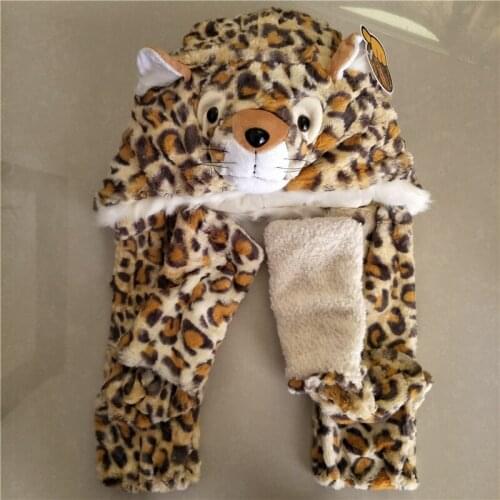 Cute Warm Winter Faux Animal Fur Hat Fluffy Plush Cap Dint Hood Animal Scarf Shawl with Gloves Set Leopard Cat Hat Scarf Set