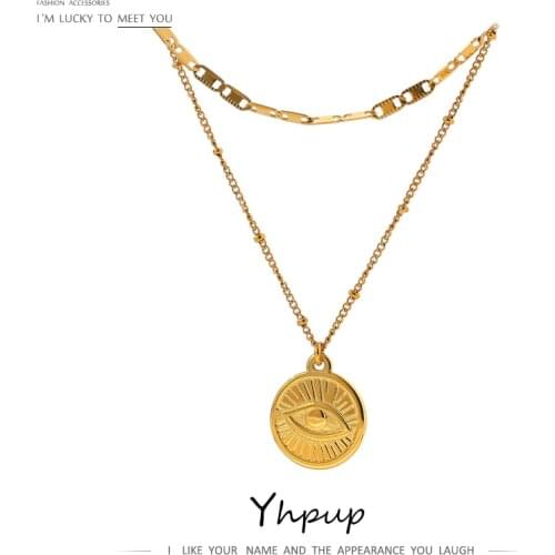 Yhpup Trendy Eye Pendant Layered Chain Necklace Titanium Steel Jewelry 2021 Stainless Steel Charm Collar Necklace for Women