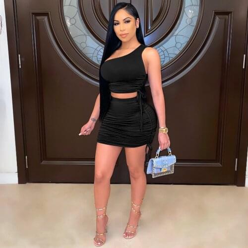 Sexy Pant Sets Two Piece Set One Shoulder Hollow Crop Top Draped Bodycon Mini Dress for Women Vacation Outfits Club Matching Set