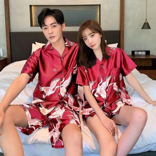 Young Lover Pajamas Fake Silk Women Short-sleeve Summer Pyjama Leisure Home Couple Pijama Set Soft Sleepwear Top&Men Nightwear