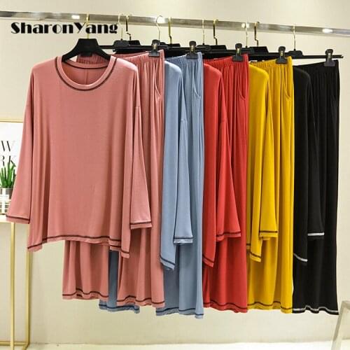 Large Size Women Cotton Pajamas Sets Long Sleeve Top and Pants Women Sleepwear Home Suit Women Female Homewear Black