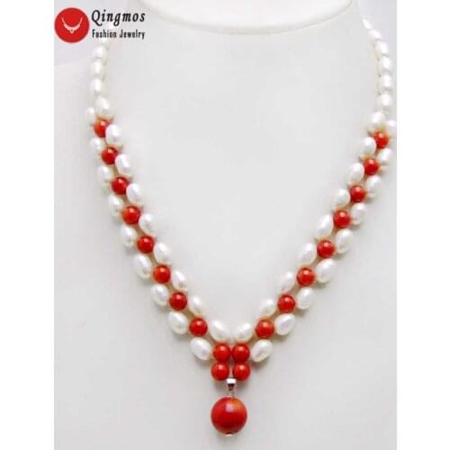 Qingmos 7-8mm White Rice Natural 17'' Chokers Pearl Necklace for Women & Red Coral Handwork Weaving Pendants & Necklace-nec6189