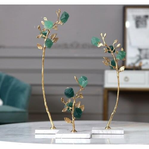 Creative Modern Flower Shape Green Crystal Statue Home Decor Crafts Room Decoration Objects Office White Marble Copper Figurines