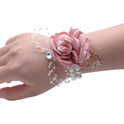 Wedding Bridal Team Pearl Bracelet Wrist Flower Girls Party Favor Rose Corsage Wedding Party Hand Decorative Artificial Flower