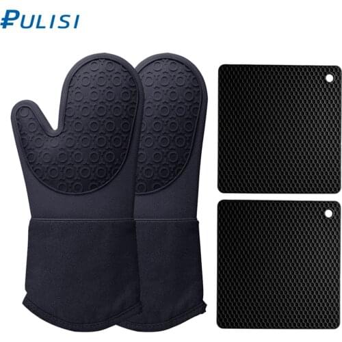 4pcs/set Silicone Oven Mitts and Pot Holders Cooking Gloves Kitchen Counter Safe Trivet Mats Heat Resistance Non-Slip Grip