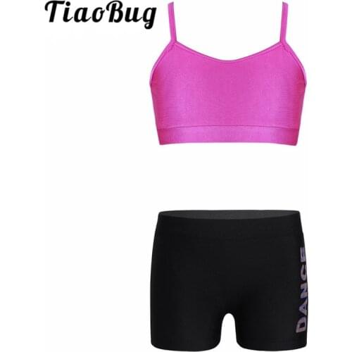 TiaoBug Kids Dance Wear Crop Tank Top Dance Printed Shorts Set for Stage Girls Ballet Dance Workout Gymnastics Shorts Sports Set