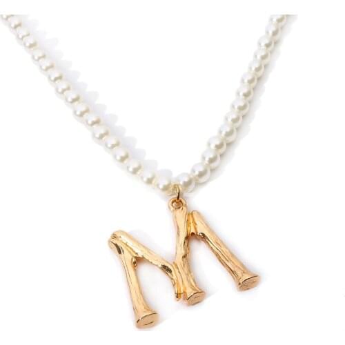 Vintage Simulated Pearl Hand-made Pendant Necklace collares Creative Letter M Pendant Women Long Chain Shellhard Jewelry
