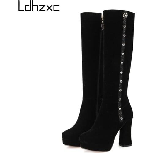 LDHZXC Autumn Women Winter Boots Fashion Ladies Suede Leather Zipper Knee High Boots Square High Heel Women Shoes Size 34-43