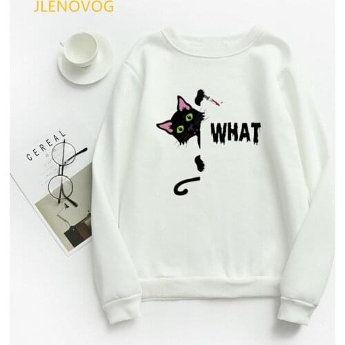 Funny Black Cat Animal Print Hoodies Women Clothes 2020 What Cat Graphic Sweatshirt Femme Harajuku Jumper Kawaii Winter Clothes
