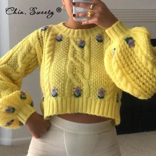Womens Knitted Crochet Cropped Sweater Pullovers 2021 Autumn Lantern Sleeve Hollow Out Sweaters Female Fashion Sweet Office Top