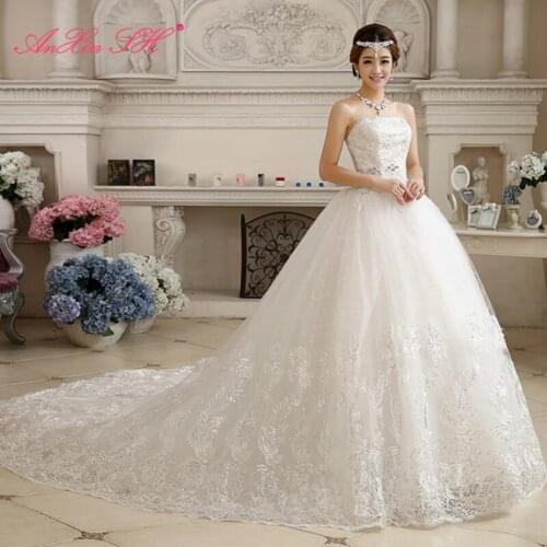 AXJFU luxury princess white flower lace wedding dress vintage party sleeveless strapless bride beading court train wedding dress