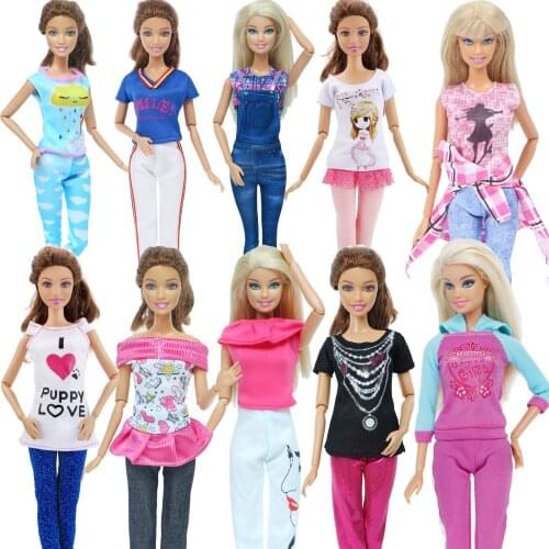 1 Set Fashion Doll Outfit Daily Casual Wear Mix Style Blouse T-Shirt Trousers Sporting Suit Accessories Clothes for Barbie Doll
