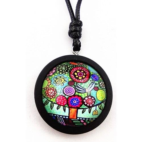 1pc New Designs Wood Necklace with Tree of life 25MM Glass Cabochon with Black Wooden pendant adjustable necklace for women
