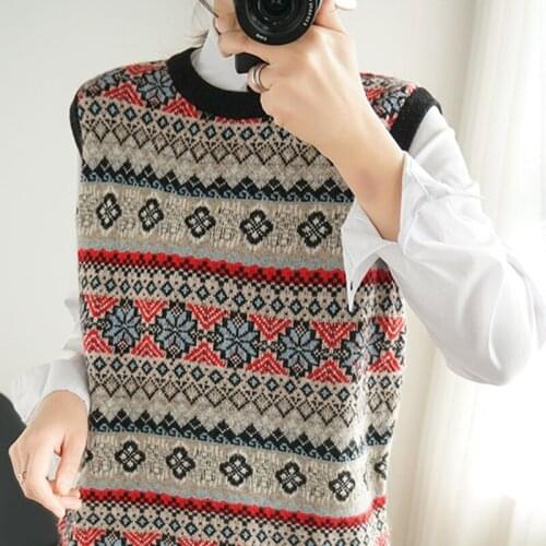 2021New Womens Vintage Pattern Short Sleeve Casual Sweater Coat Ladies Fashion O-neck Knitted Pullover Autumn Chic Vest Tops