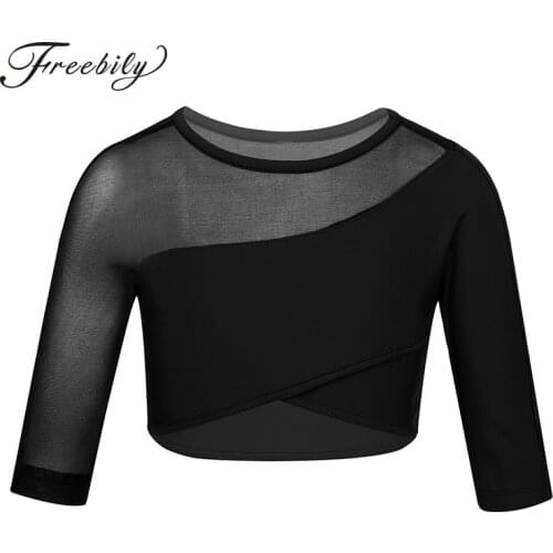 Girls 3/4 Sleeves Asymmetrical Dance Crop Top for Ballet Dance Stage Performance Sports Workout Tops Child Kids Dance Wear