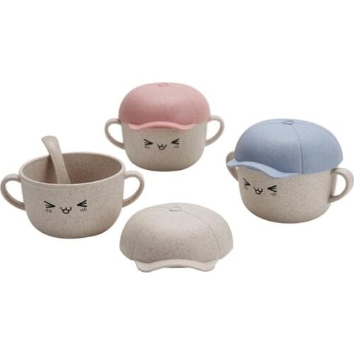 400ml Baby Bowl with Spoon Lovely Cartoon Baby Tableware Wheat Straw Baby Dishes for Feeding